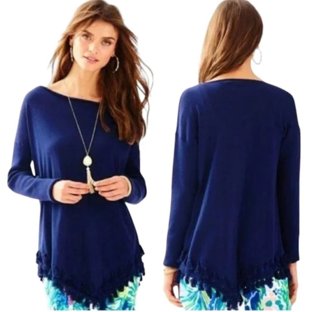 LILLY PULITZER Ferrera Top, Blue Cotton Sol Fringe Long Sleeve Career Preppy, S